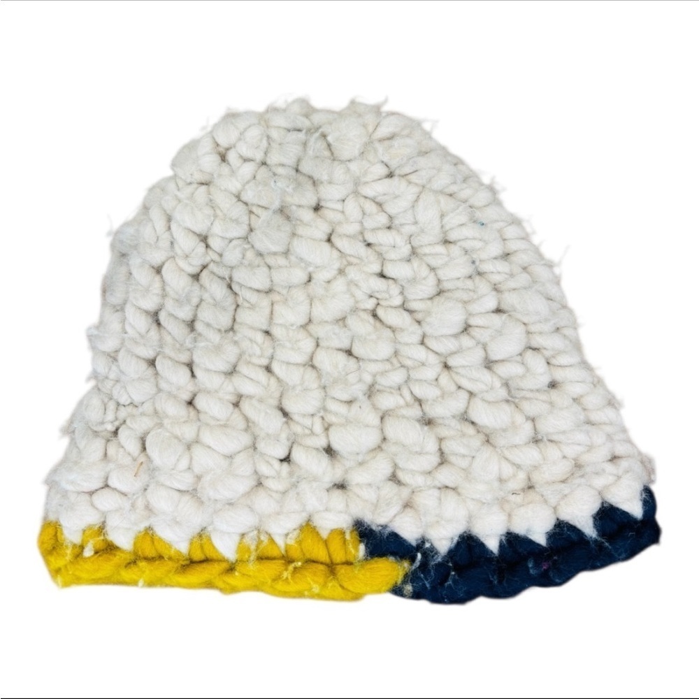 Mischa Lampert Wool Handcrafted Beanie — White & Yellow Chunky Knit Slouchy, OS